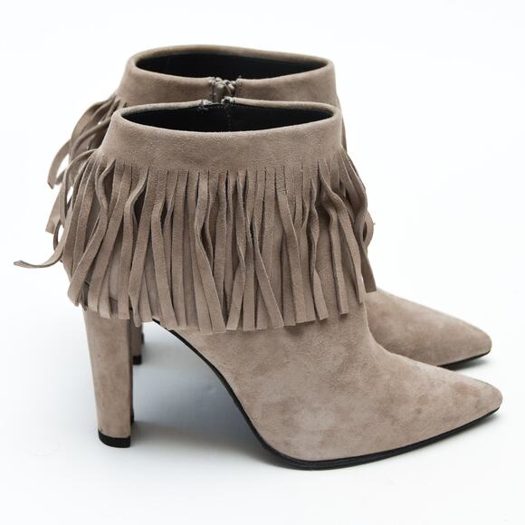 Stuart Weitzman Fringetimes Fossil Suede Fringe Ankle Boots Size 7.5 Pointed Toe - Picture 4 of 6
